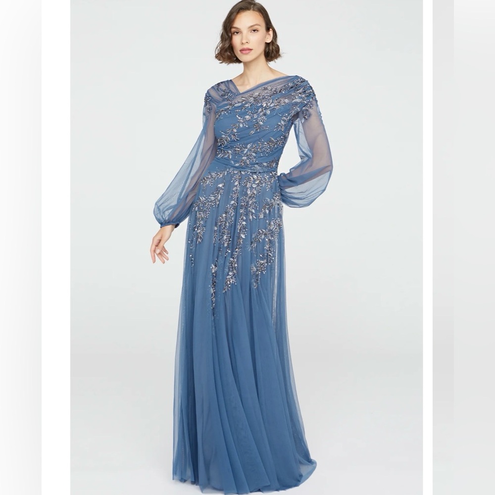 Theia Wilma Blue Bishop Sleeve Beaded Gown